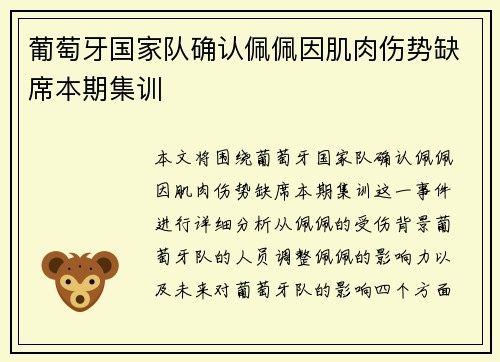 葡萄牙国家队确认佩佩因肌肉伤势缺席本期集训