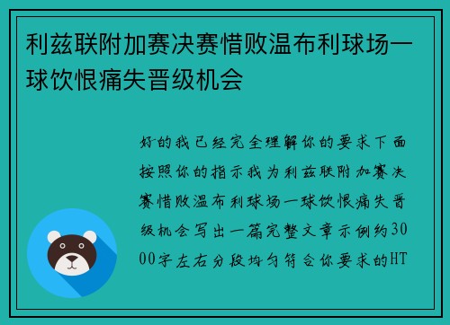 利兹联附加赛决赛惜败温布利球场一球饮恨痛失晋级机会