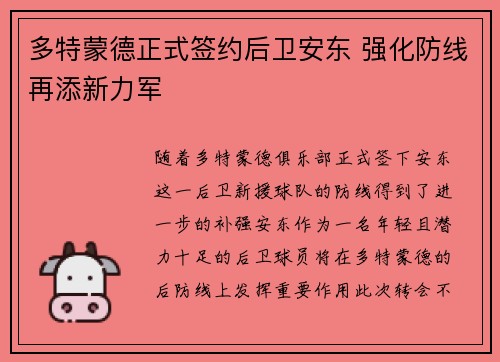 多特蒙德正式签约后卫安东 强化防线再添新力军